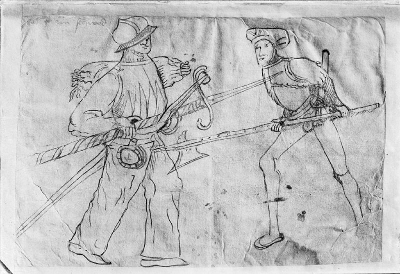 Two soldiers in battle at Old Älvsborg Castle in 1502, Västergötland, Sweden