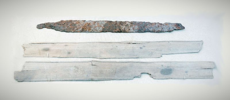 Iron sword (spatha, or long sword) and wooden scabbard