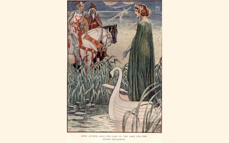 Illustration of King Arthur asking the lady of the lake for the sword excalibur