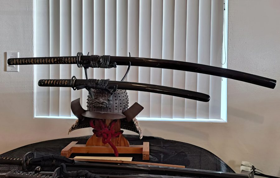 Katana Sword on a Display atop a Helmet
