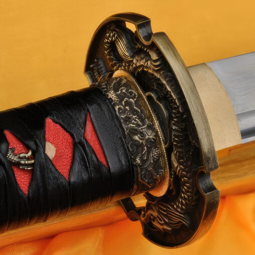 Katana 1095 Carbon Steel Sword Leather Ito Dragon Tsuba Oil Quenched