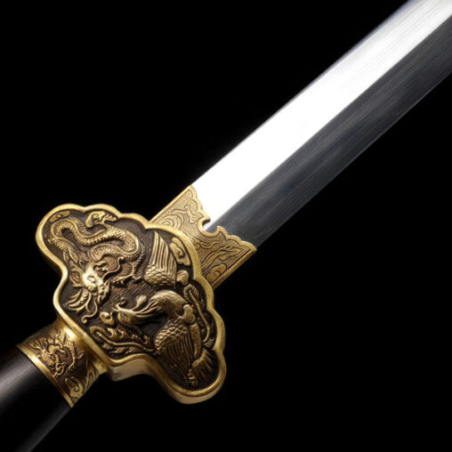 Dragon Phoenix Jian Damascus Steel Sword Clay Tempered & Ebony Saya