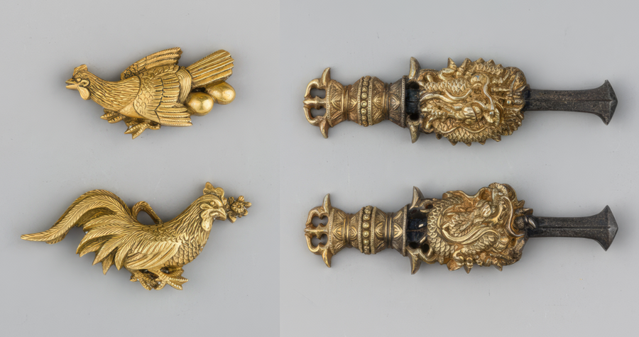 Pair of menuki featuring gold form of a hem and a rooster left and another pair made of silver and gold right
