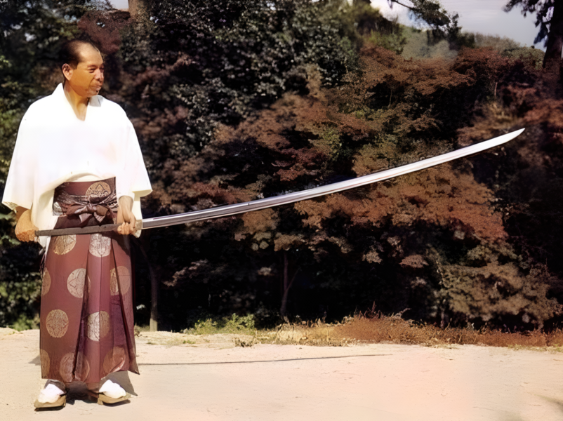 Holding an extra long version of the katana
