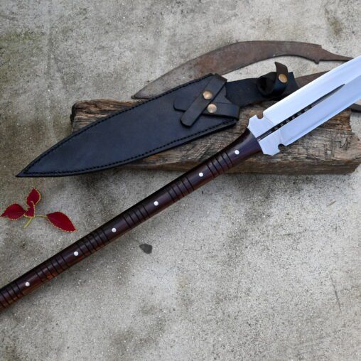 Fantasy Spear Ringed Pommel Leather Handle and Steel Blade Prongs