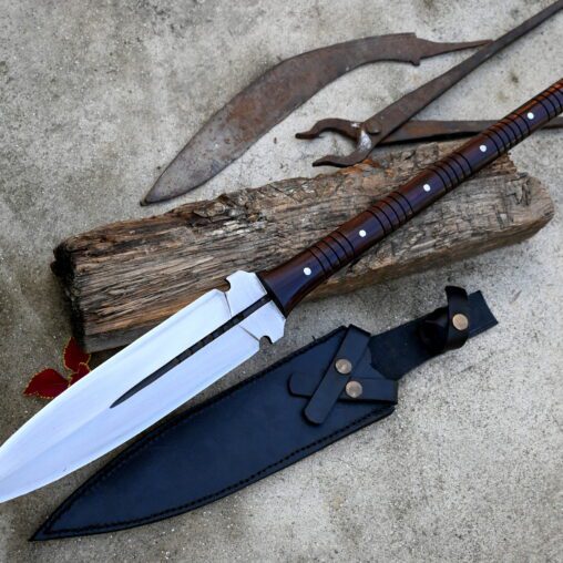 Fantasy Spear Ringed Pommel Leather Handle and Steel Blade Prongs