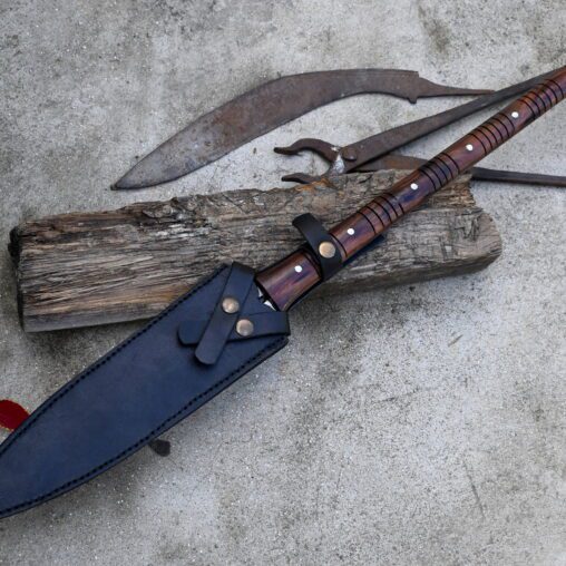 Fantasy Spear Ringed Pommel Leather Handle and Steel Blade Prongs