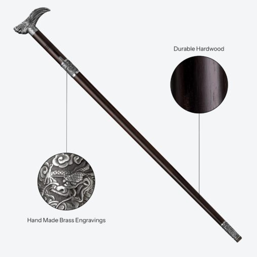 Silver Dragon-Head Cane Sword | Ebony Darkwood and Folded Steel