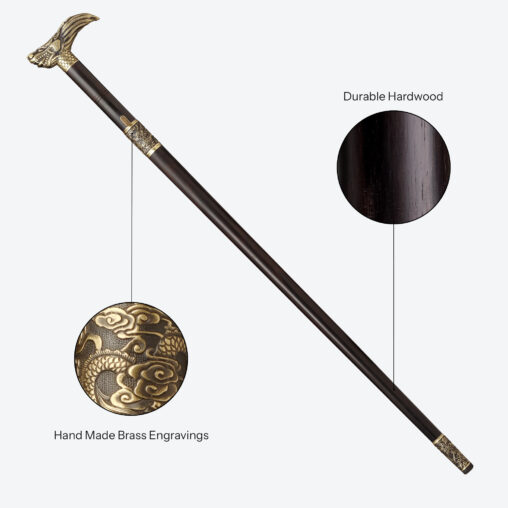 Gold Imperial Dragon-Head Cane Sword | Ebony Darkwood and Folded Steel