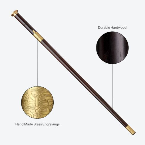 Black Disc Lotus Flower Pommel Cane Sword | Ebony Dark Wood and Folded Steel