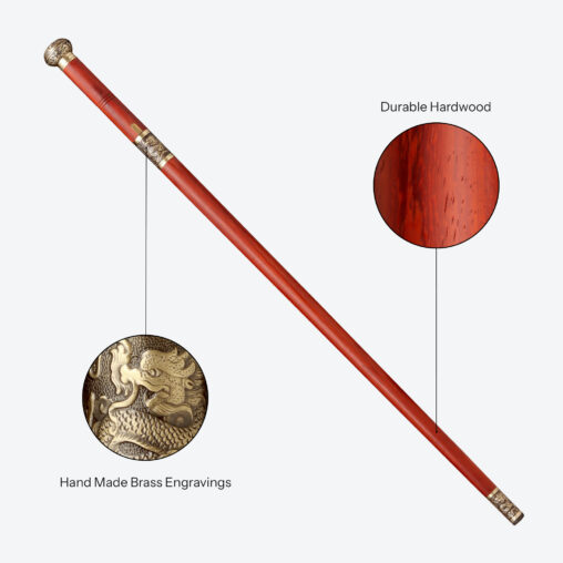 Red Dragon Cloud Round Pommel Cane Sword | Redwood and Folded Steel