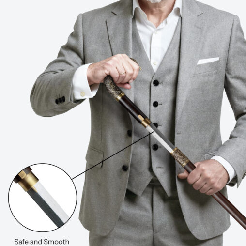 Gold Hook-Handle Walking Sword Cane | Ebony Darkwood and Folded Steel