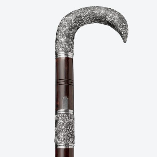 Silver Hook-Handle Walking Sword Cane | Ebony Darkwood and Damascus Steel