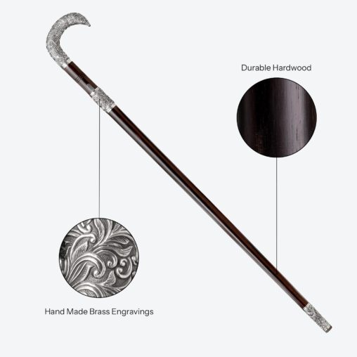 Silver Hook-Handle Walking Sword Cane | Ebony Darkwood and Damascus Steel