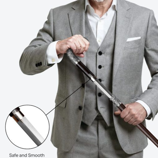 Silver Hook-Handle Walking Sword Cane | Ebony Darkwood and Damascus Steel