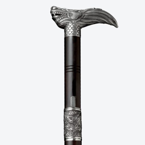 Silver Dragon-Head Cane Sword | Ebony Darkwood and Damascus Steel