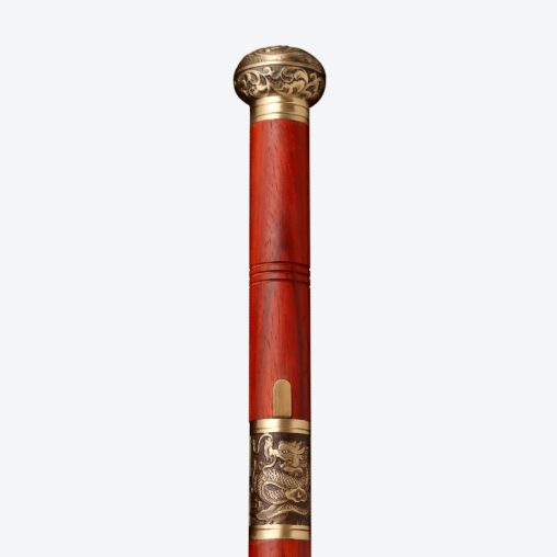 Red Dragon Cloud Round Pommel Cane Sword | Redwood and Damascus Steel