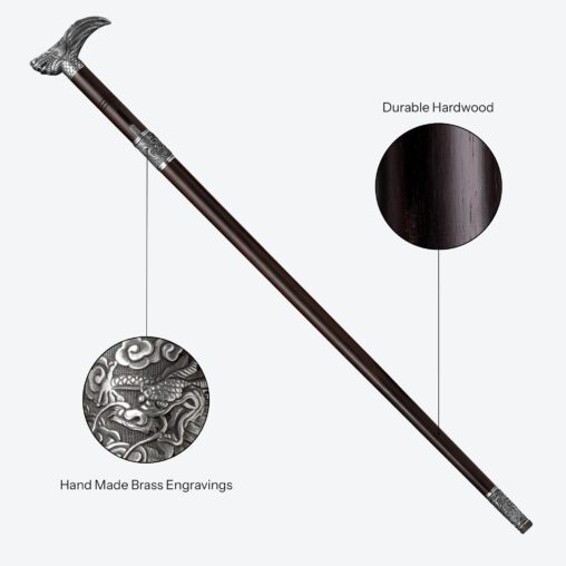 Silver Dragon-Head Cane Sword | Ebony Darkwood and Damascus Steel