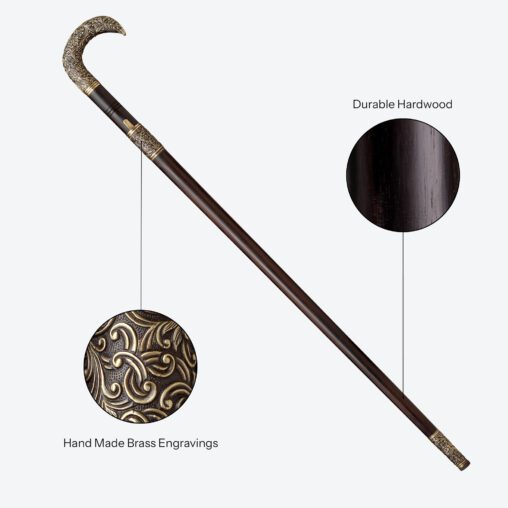 Gold Hook-Handle Walking Sword Cane | Ebony Darkwood and Damascus Steel