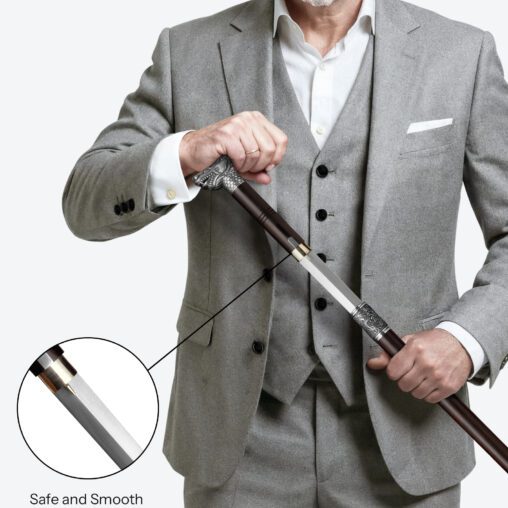 Silver Dragon-Head Cane Sword | Ebony Darkwood and Damascus Steel